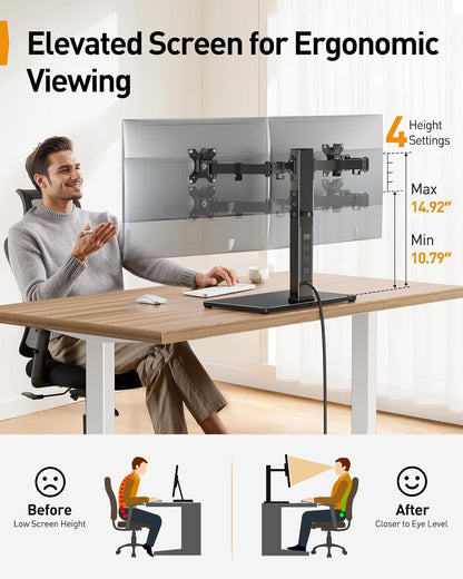 Perlegear Dual Monitor Stand with Power Strip, Freestanding Computer Monitor Stand for 2 Screens up to 32 Inch, Monitor Stand Riser with Glass Base and Adjustable Arms, Holds 22 lbs per Arm, PGTVS41B