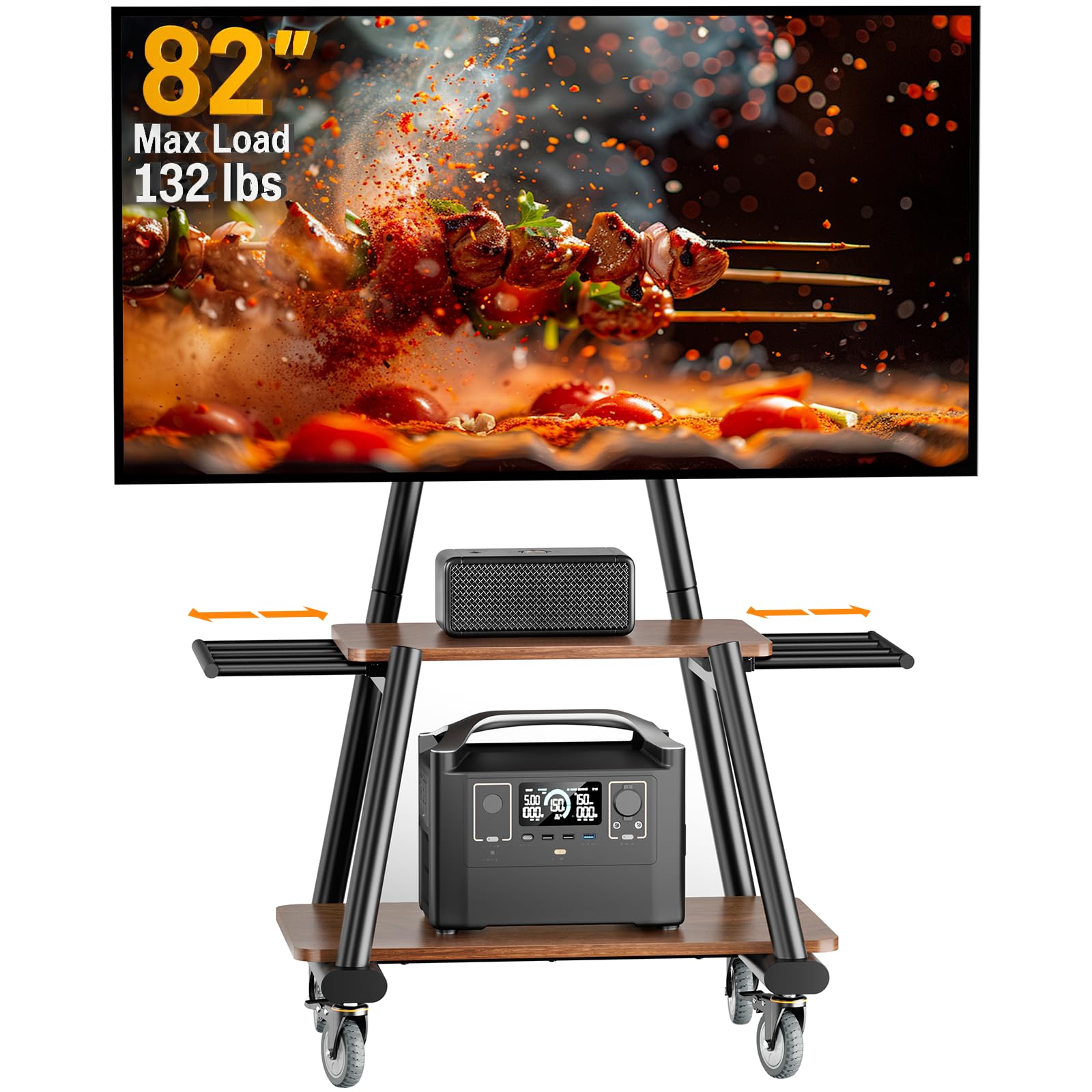 Perlegear Rolling TV Stand for 32”–86” TVs up to 132 lbs, Outdoor TV Stand with Pegboard Storage & Quiet Wheels, Swivel & Height Adjustable Mobile TV Cart with Wood Shelf, Max VESA 600x400mm, PGTVC34B