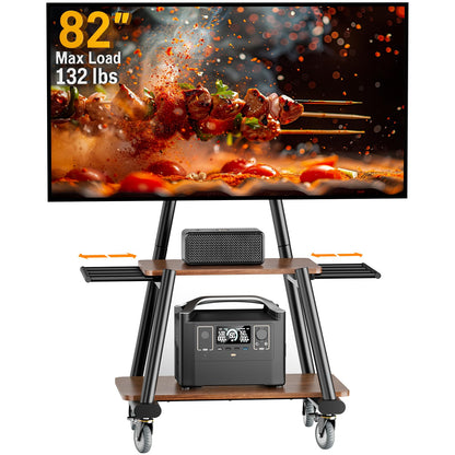 Perlegear Rolling TV Stand for 32”–86” TVs up to 132 lbs, Outdoor TV Stand with Pegboard Storage & Quiet Wheels, Swivel & Height Adjustable Mobile TV Cart with Wood Shelf, Max VESA 600x400mm, PGTVC34B