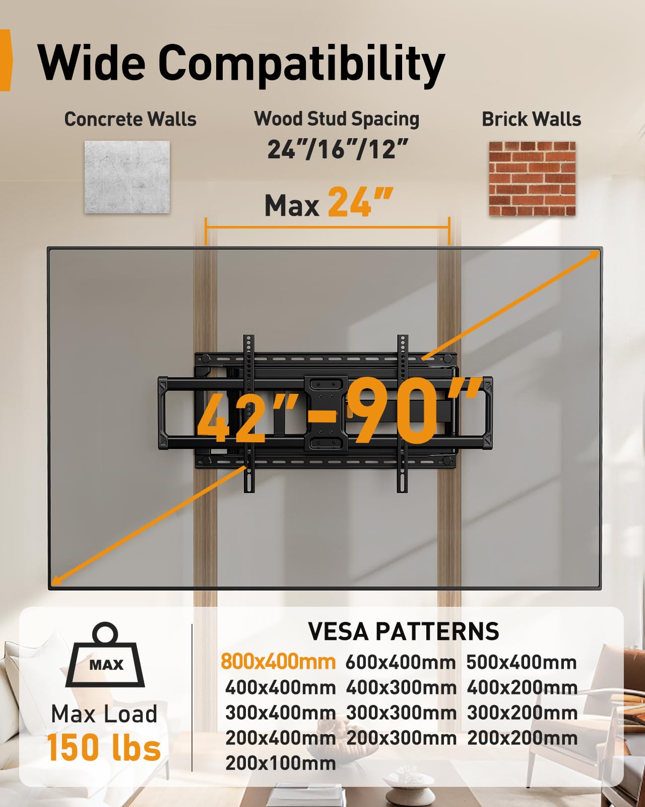 Perlegear Long Arm Full Motion TV Wall Mount for 42–90 Inch TVs up to 150 lbs, 40″ Long Extension, Pre-Assembled Corner TV Mount with Full Swivel, Tilt, Fits 8″/12″/16″/24″ Studs, Max VESA 800x400mm