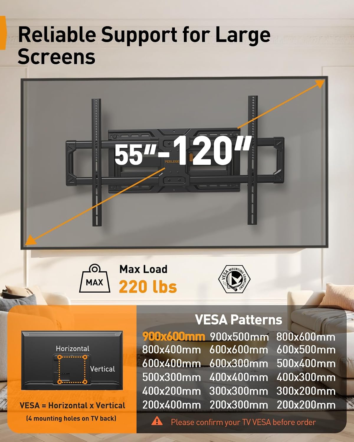 Perlegear Large Full Motion TV Wall Mount for 55–120 inch TVs up to 220 lbs | 20% thicker heavy-duty steel, pre-assembled tv mount, tool-free tilt, swivel, extend, fits 16"/24" studs, max VESA 900x600mm