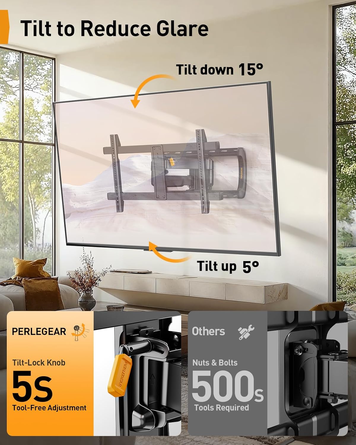 Perlegear Full Motion TV Wall Mount for 42-95″ TVs, PGTVM41B-LF-US