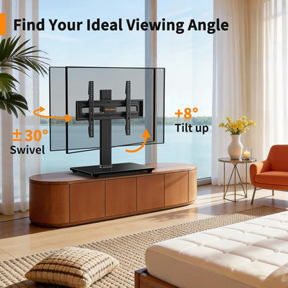Perlegear Swivel TV Stand with Power Outlet for 32–72 inch TVs up to 99 lbs, Stable Tempered Glass Base, Universal TV Stand Base with Tilt, 9 height adjustments,cable management, max VESA 600x400mm