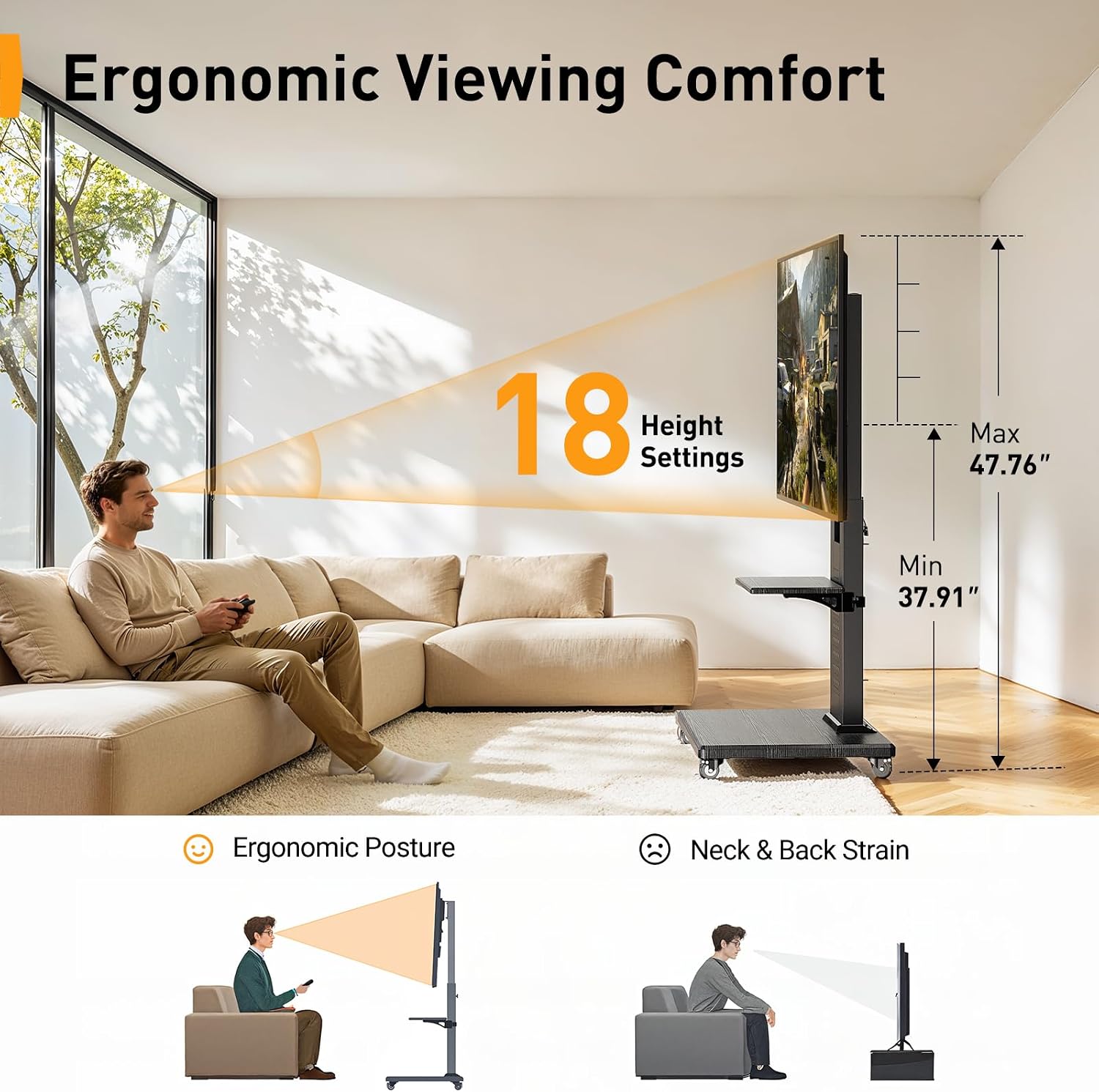 Perlegear Rolling TV Stand for 32”–86” TVs up to 132 lbs, Outdoor TV Stand with Pegboard Storage & Quiet Wheels, Swivel & Height Adjustable Mobile TV Cart with Wood Shelf, Max VESA 600x400mm, PGTVC34B
