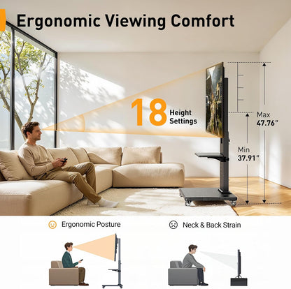 Perlegear Rolling TV Stand for 32”–86” TVs up to 132 lbs, Outdoor TV Stand with Pegboard Storage & Quiet Wheels, Swivel & Height Adjustable Mobile TV Cart with Wood Shelf, Max VESA 600x400mm, PGTVC34B