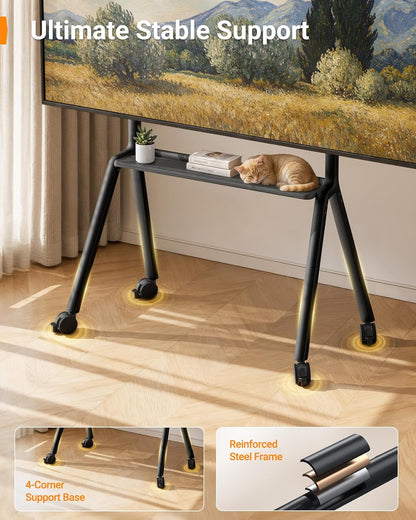 Perlegear Rolling TV Stand for 42″–90″ TVs up to 220 lbs, Four Leg Heavy Duty TV Stand with Lockable Wheels, Outdoor Height Adjustable Mobile TV Cart with Anti-Drop Shelf, Max VESA 800x600mm, PGTVC45B