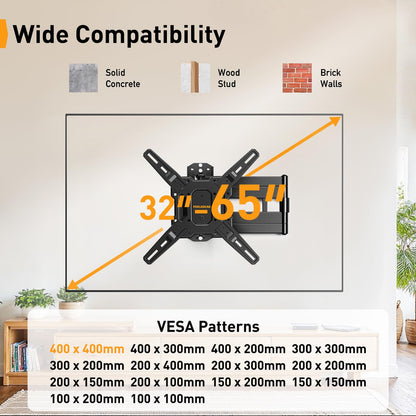 Perlegear Long Arm TV Wall Mount for 32-65″ TVs, 37.4” Long Extension Corner TV Mount, Max VESA 400x400mm, Articulating Arms Full Motion Wall Mount Bracket with Swivel and Tilt, Holds up to 110 lbs