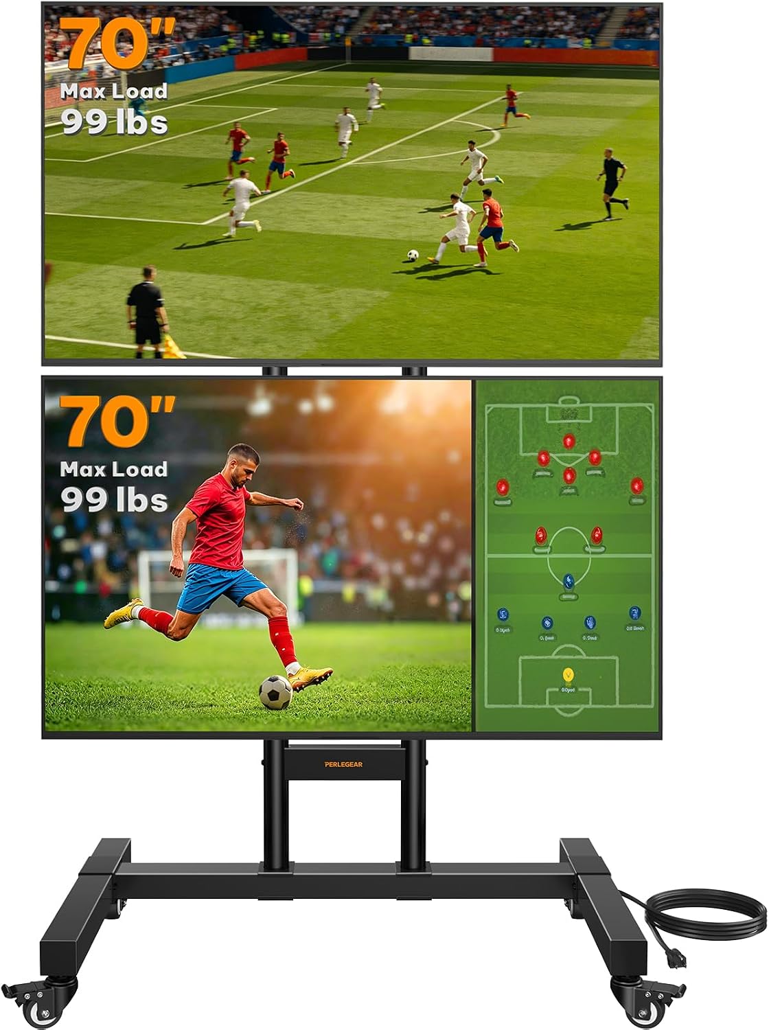 Perlegear Rolling TV Stand for 32–70 Inch Dual Screens, Holds up to 99 lbs Each, Mobile TV Stand with Power Outlet and Lockable Wheels, Tilt & Height Adjustable TV Cart, Max VESA 600x400mm, PGTVC31B