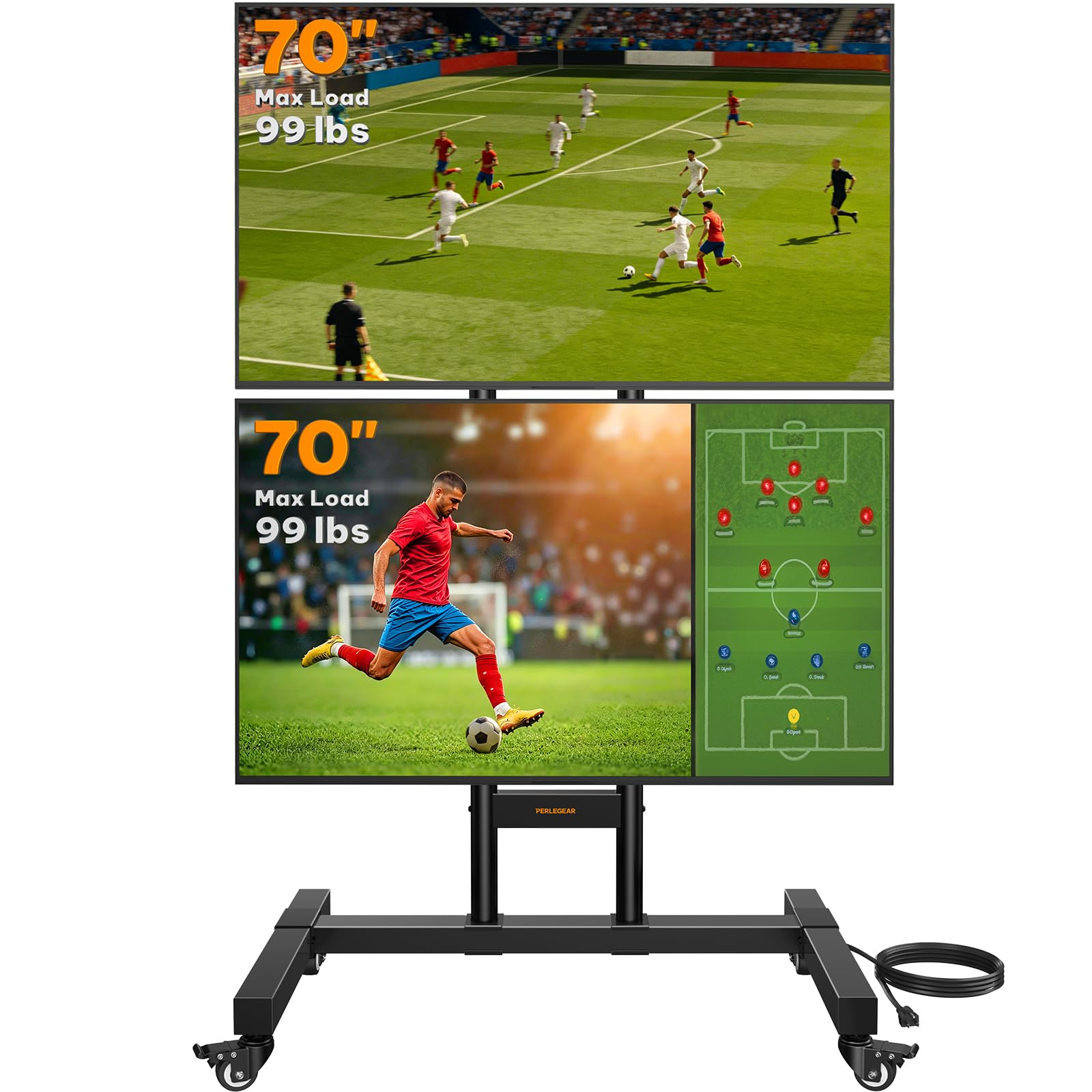 Perlegear Rolling TV Stand for 32”–86” TVs up to 132 lbs, Outdoor TV Stand with Pegboard Storage & Quiet Wheels, Swivel & Height Adjustable Mobile TV Cart with Wood Shelf, Max VESA 600x400mm, PGTVC34B