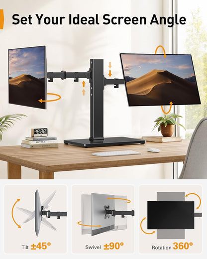 Perlegear Dual Monitor Stand with Power Strip, Freestanding Computer Monitor Stand for 2 Screens up to 32 Inch, Monitor Stand Riser with Glass Base and Adjustable Arms, Holds 22 lbs per Arm, PGTVS41B
