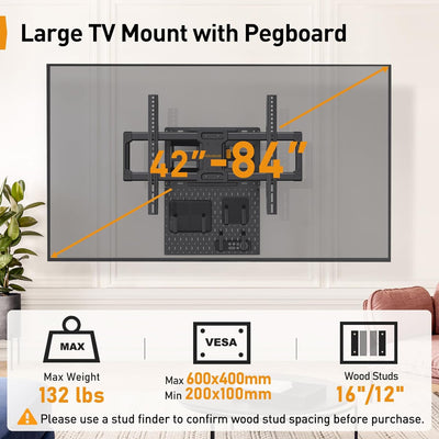 Full Motion TV Wall Mount with Pegboard For 42
