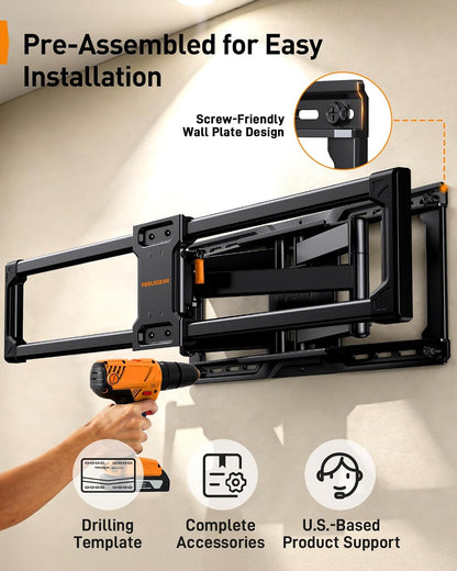 Perlegear Large Full Motion TV Wall Mount for 55–120 inch TVs up to 220 lbs | 20% thicker heavy-duty steel, pre-assembled tv mount, tool-free tilt, swivel, extend, fits 16"/24" studs, max VESA 900x600mm