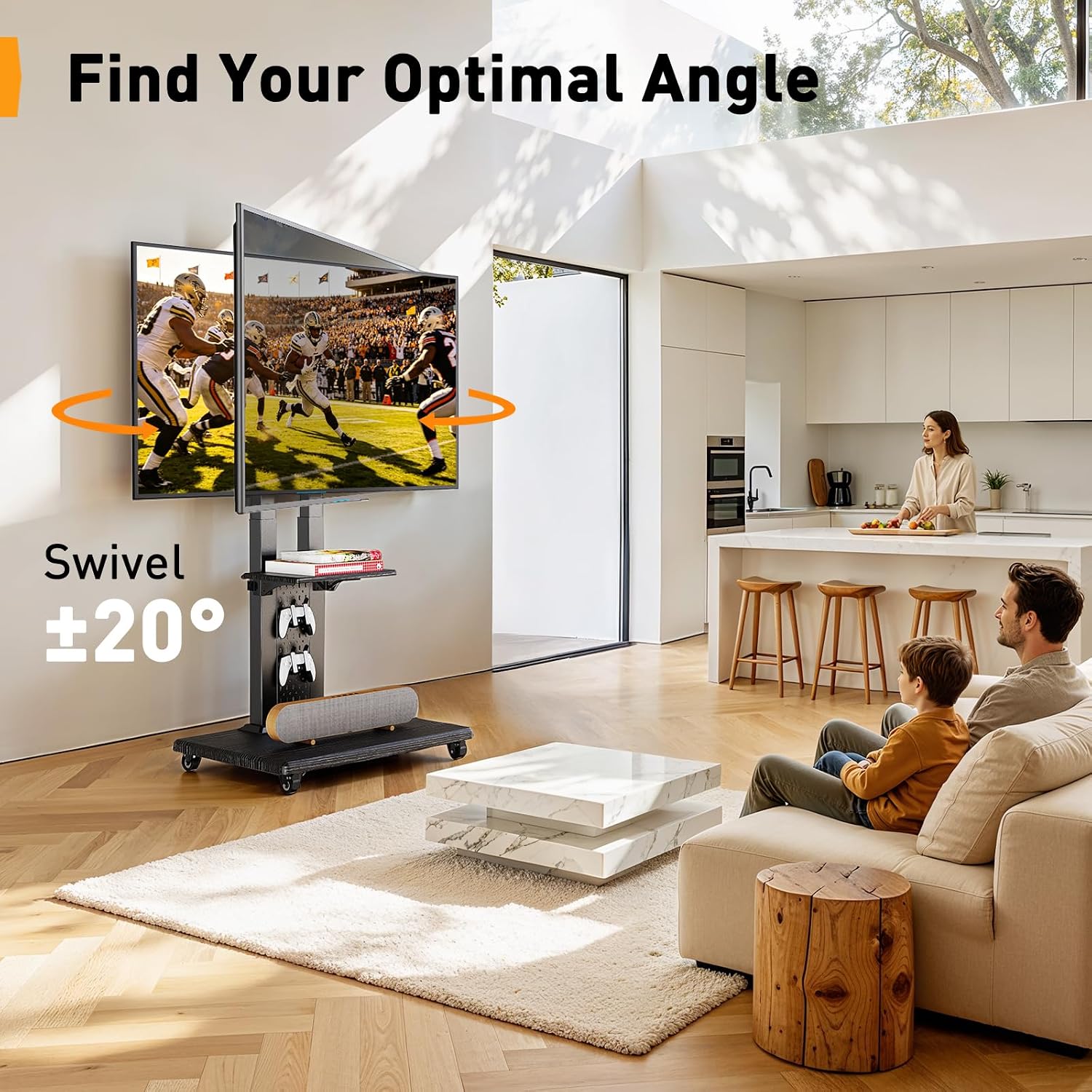 Perlegear Rolling TV Stand for 32”–86” TVs up to 132 lbs, Outdoor TV Stand with Pegboard Storage & Quiet Wheels, Swivel & Height Adjustable Mobile TV Cart with Wood Shelf, Max VESA 600x400mm, PGTVC34B