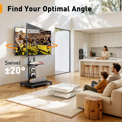 Perlegear Rolling TV Stand for 32”–86” TVs up to 132 lbs, Outdoor TV Stand with Pegboard Storage & Quiet Wheels, Swivel & Height Adjustable Mobile TV Cart with Wood Shelf, Max VESA 600x400mm, PGTVC34B