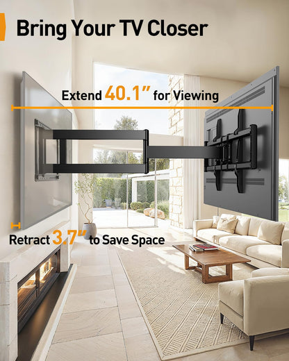 Perlegear Long Arm Full Motion TV Wall Mount for 42–90 Inch TVs up to 150 lbs, 40″ Long Extension, Pre-Assembled Corner TV Mount with Full Swivel, Tilt, Fits 8″/12″/16″/24″ Studs, Max VESA 800x400mm