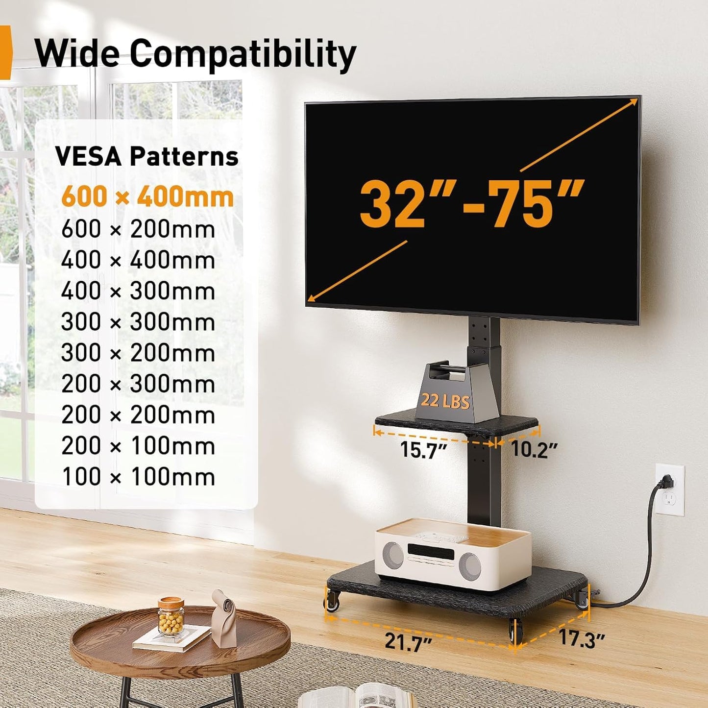 TV Cart with Power Outlet For 32" To 75" TVs