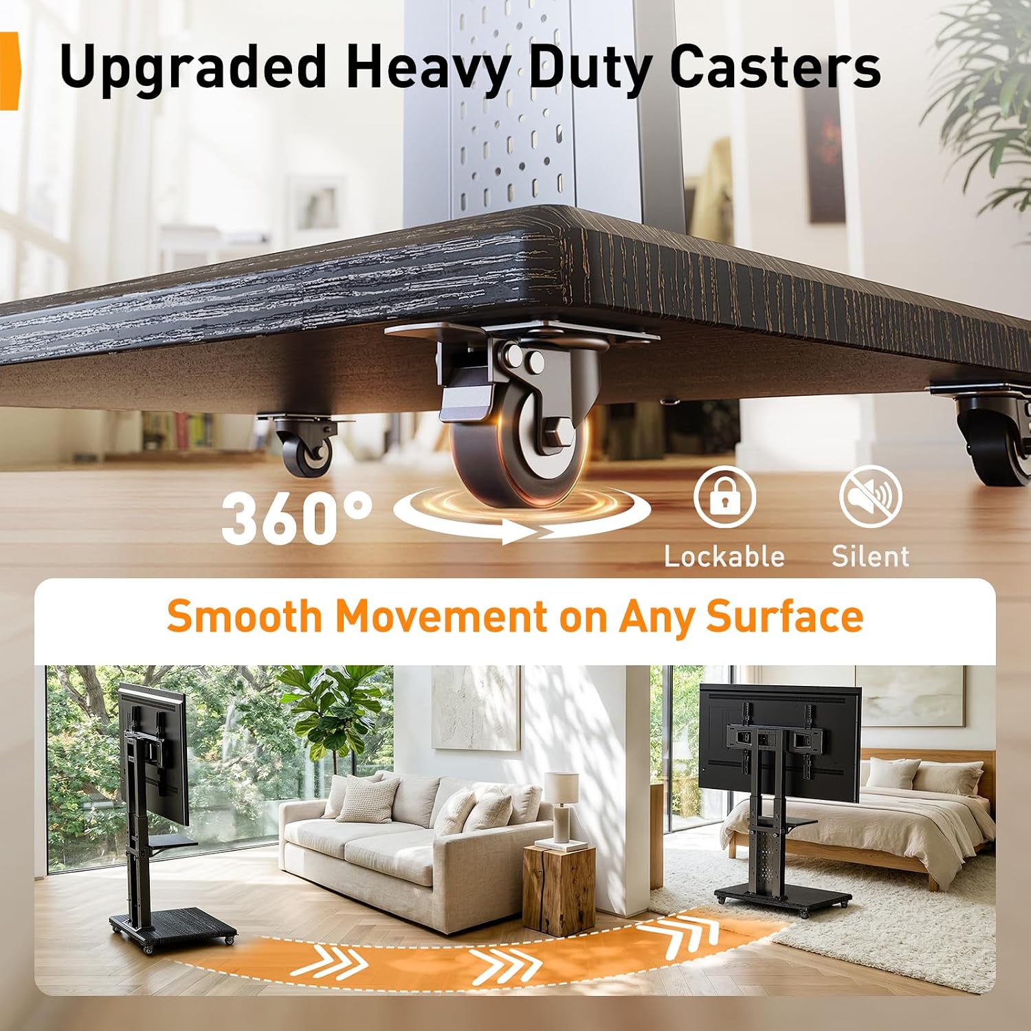 Perlegear Rolling TV Stand for 32”–86” TVs up to 132 lbs, Outdoor TV Stand with Pegboard Storage & Quiet Wheels, Swivel & Height Adjustable Mobile TV Cart with Wood Shelf, Max VESA 600x400mm, PGTVC34B