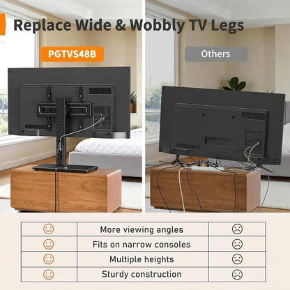 Perlegear Swivel TV Stand with Power Outlet for 32–72 inch TVs up to 99 lbs, Stable Tempered Glass Base, Universal TV Stand Base with Tilt, 9 height adjustments,cable management, max VESA 600x400mm