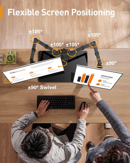 Perlegear Dual Monitor Stand with Power Strip, Freestanding Computer Monitor Stand for 2 Screens up to 32 Inch, Monitor Stand Riser with Glass Base and Adjustable Arms, Holds 22 lbs per Arm, PGTVS41B