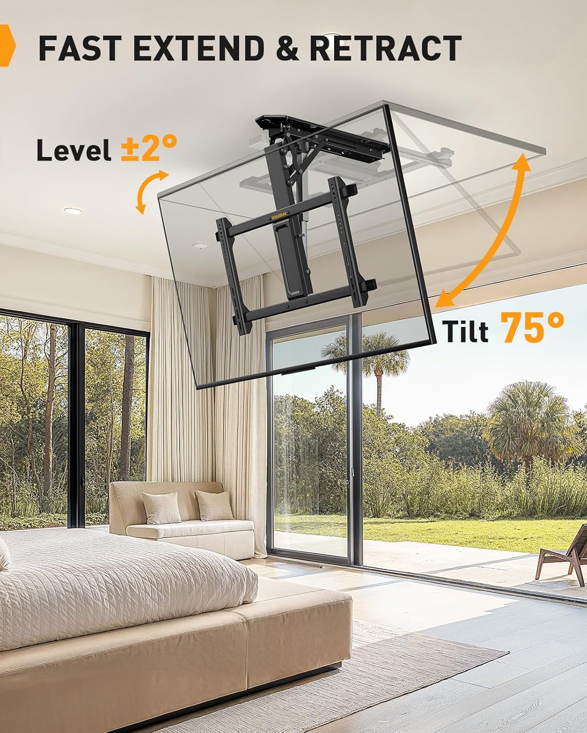 Perlegear Electric Ceiling TV Mount with Remote for 32-70 inch Flat and Curved Screen TVs up to 88 lbs, Max VESA 600x400, Motorized TV Ceiling Mount Flip Down for Flat Roof, Drop Down Ceiling Mount