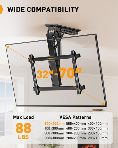 Perlegear Electric Ceiling TV Mount with Remote for 32-70 inch Flat and Curved Screen TVs up to 88 lbs, Max VESA 600x400, Motorized TV Ceiling Mount Flip Down for Flat Roof, Drop Down Ceiling Mount