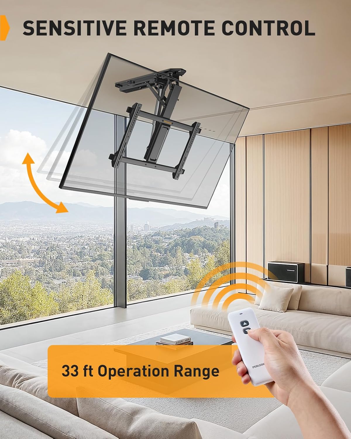 Perlegear Electric Ceiling TV Mount with Remote for 32-70 inch Flat and Curved Screen TVs up to 88 lbs, Max VESA 600x400, Motorized TV Ceiling Mount Flip Down for Flat Roof, Drop Down Ceiling Mount