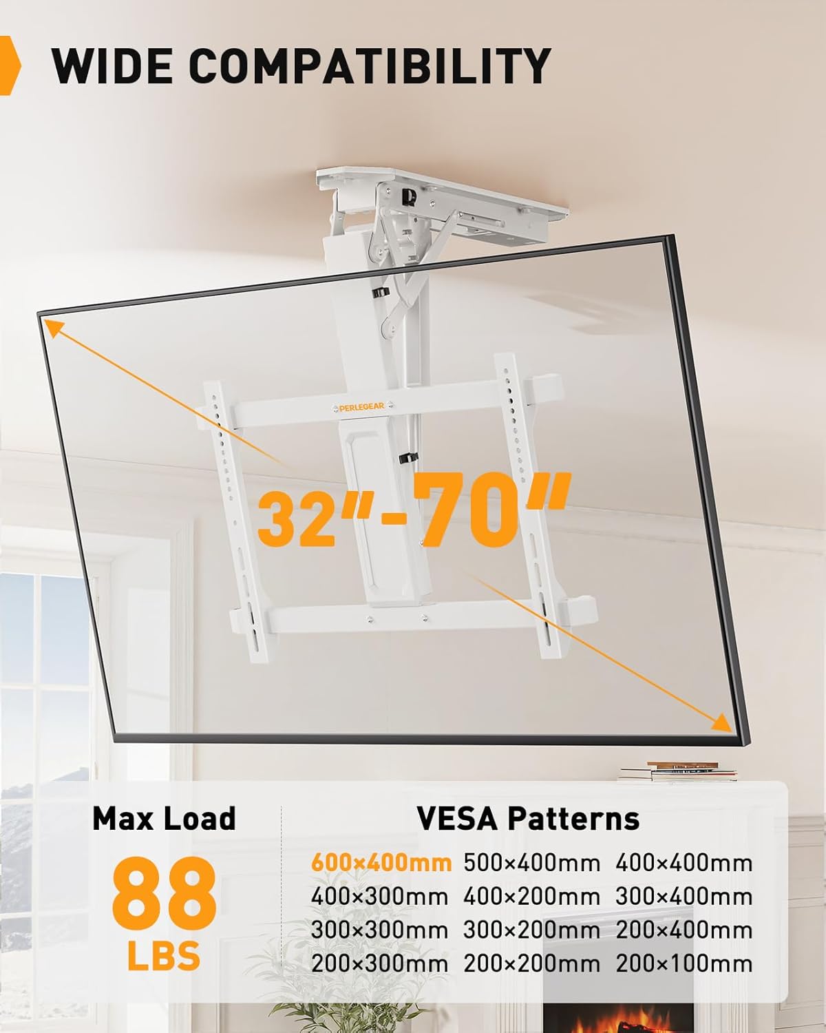 Perlegear Electric Ceiling TV Mount with Remote for 32-70 inch Flat and Curved Screen TVs up to 88 lbs, Max VESA 600x400, Motorized TV Ceiling Mount Flip Down for Flat Roof, Drop Down Ceiling Mount