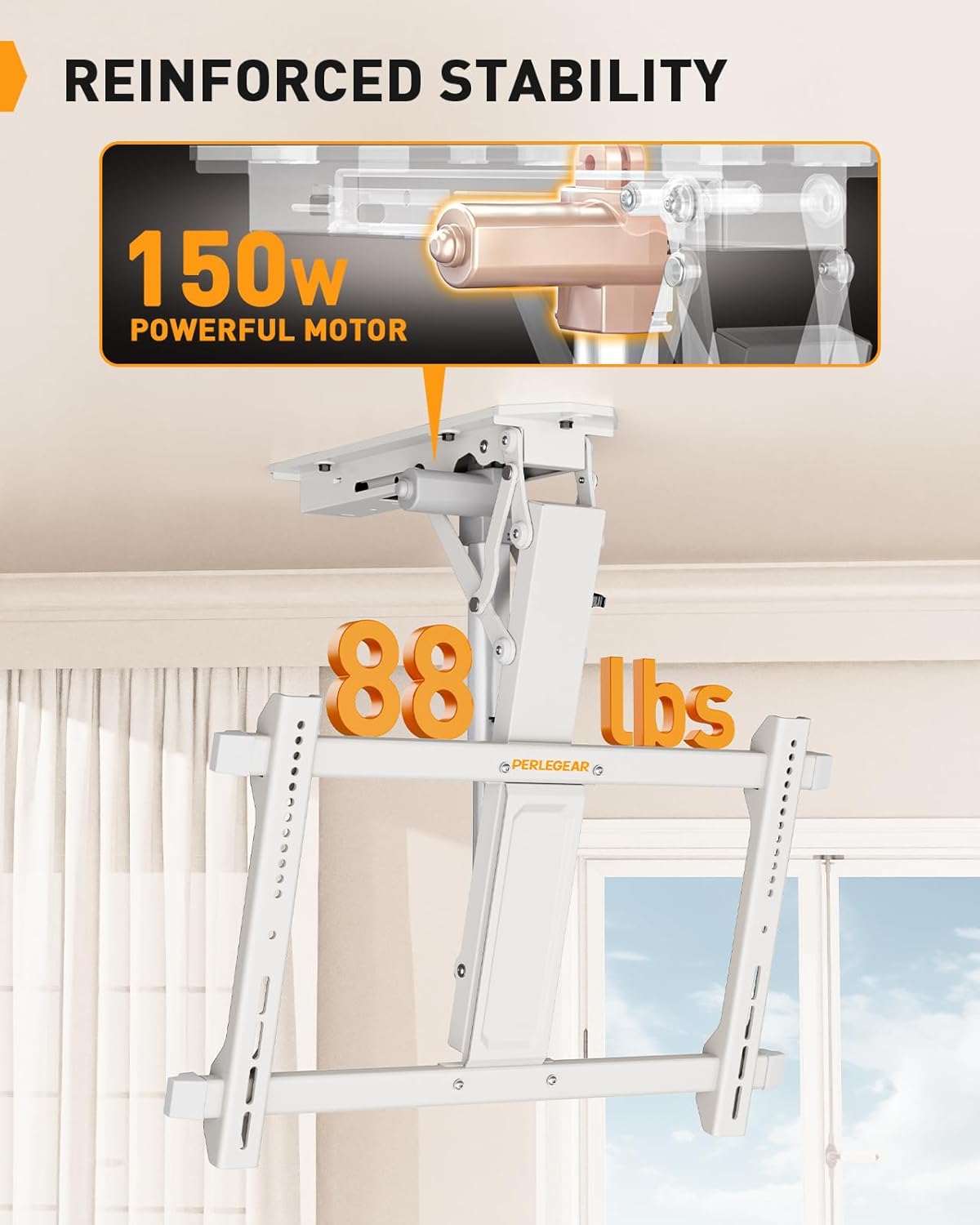 Perlegear Electric Ceiling TV Mount with Remote for 32-70 inch Flat and Curved Screen TVs up to 88 lbs, Max VESA 600x400, Motorized TV Ceiling Mount Flip Down for Flat Roof, Drop Down Ceiling Mount