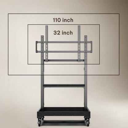 Perlegear Rolling TV Stand for 32”-110” TVs up to 250 lbs, Outdoor TV Stand with Large Wheels, Handle & Power Outlet, Height Adjustable Mobile TV Cart with Wood Shelf, Max VESA 800x600mm