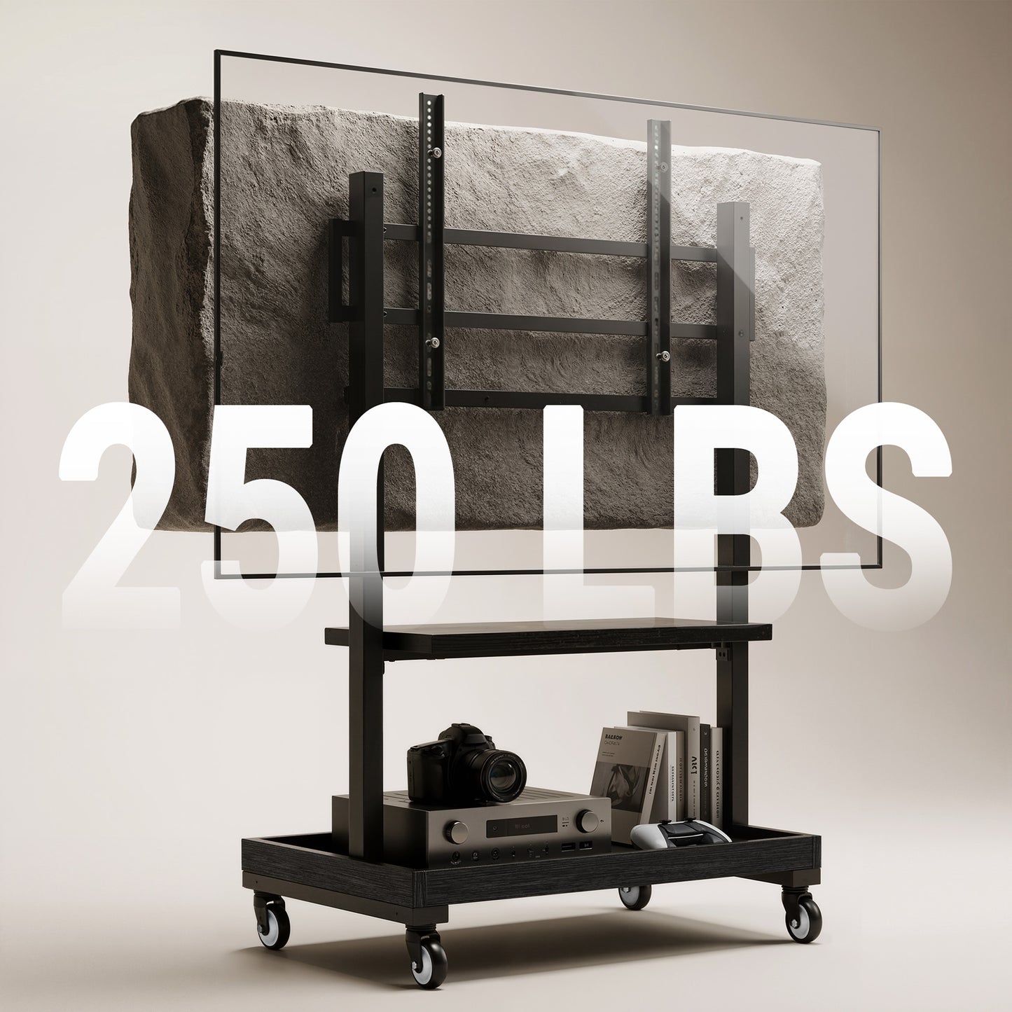 Perlegear Rolling TV Stand for 32”-110” TVs up to 250 lbs, Outdoor TV Stand with Large Wheels, Handle & Power Outlet, Height Adjustable Mobile TV Cart with Wood Shelf, Max VESA 800x600mm