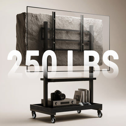 Perlegear Rolling TV Stand for 32”-110” TVs up to 250 lbs, Outdoor TV Stand with Large Wheels, Handle & Power Outlet, Height Adjustable Mobile TV Cart with Wood Shelf, Max VESA 800x600mm