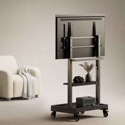 Perlegear Rolling TV Stand for 32”-110” TVs up to 250 lbs, Outdoor TV Stand with Large Wheels, Handle & Power Outlet, Height Adjustable Mobile TV Cart with Wood Shelf, Max VESA 800x600mm