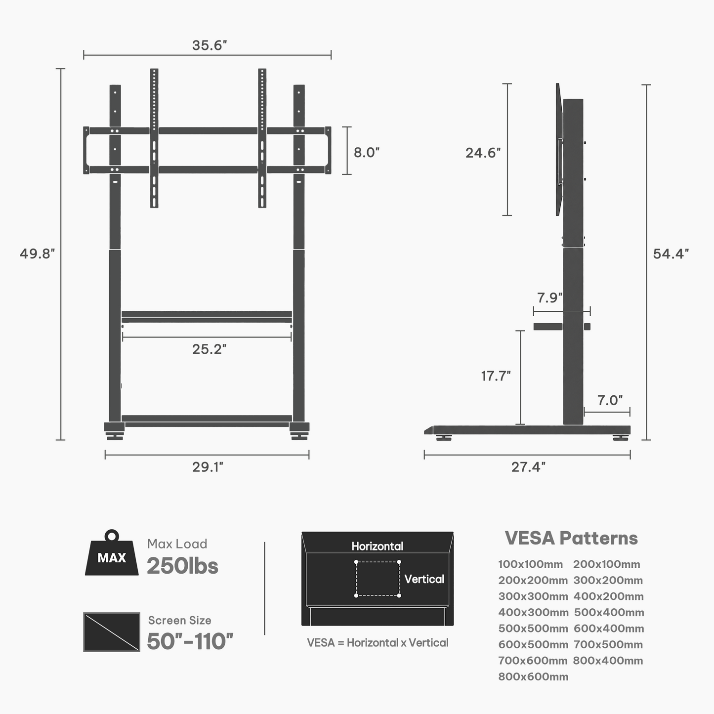 Perlegear Floor TV Stand for 50–110″ TVs with Power Strip, Holds Up to 250 lbs, Universal Standing TV Mount with Adjustable Shelf & Feet, Max VESA 800x600mm, Tall TV Stand for Living Room