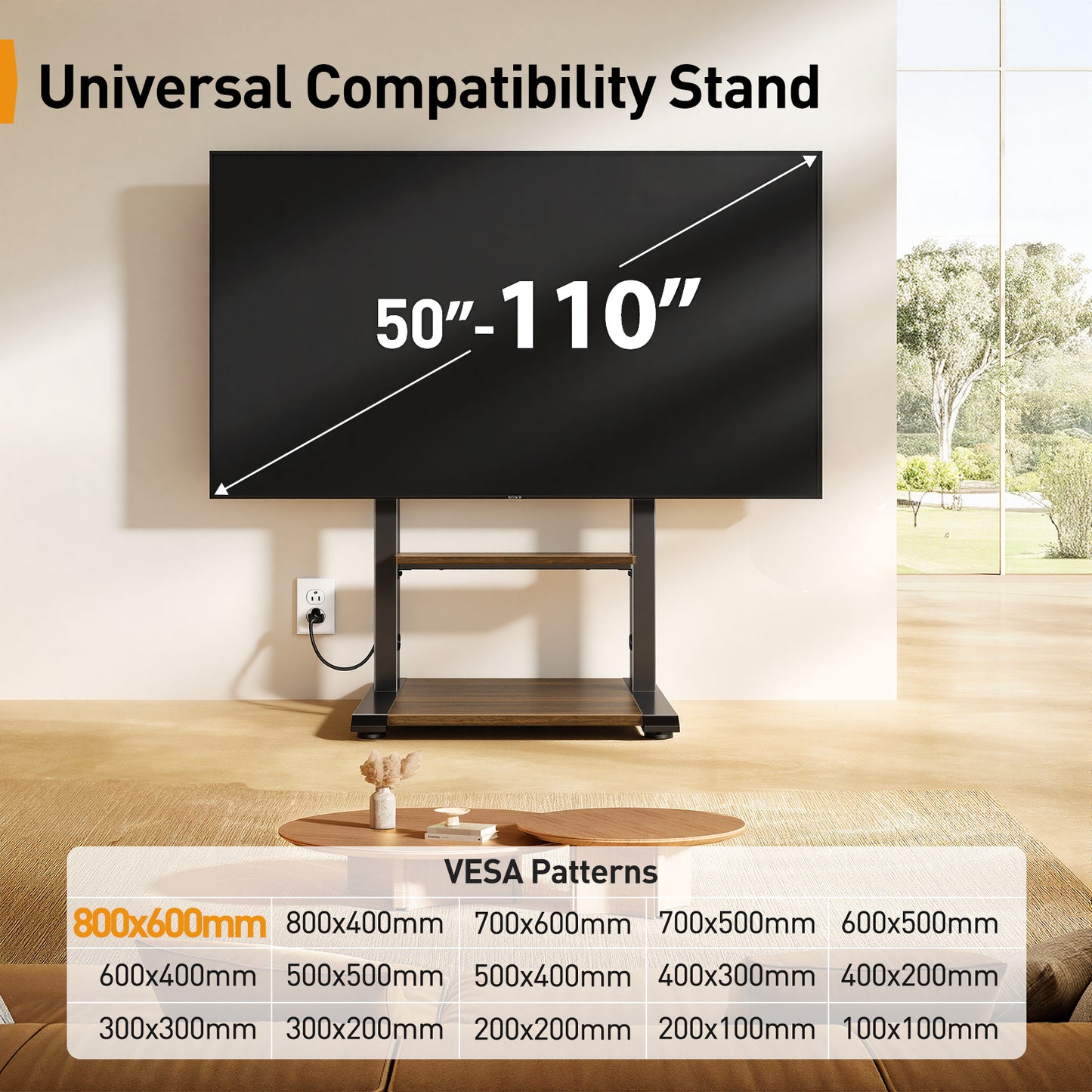 Perlegear Floor TV Stand for 50–110″ TVs with Power Strip, Holds Up to 250 lbs, Universal Standing TV Mount with Adjustable Shelf & Feet, Max VESA 800x600mm, Tall TV Stand for Living Room