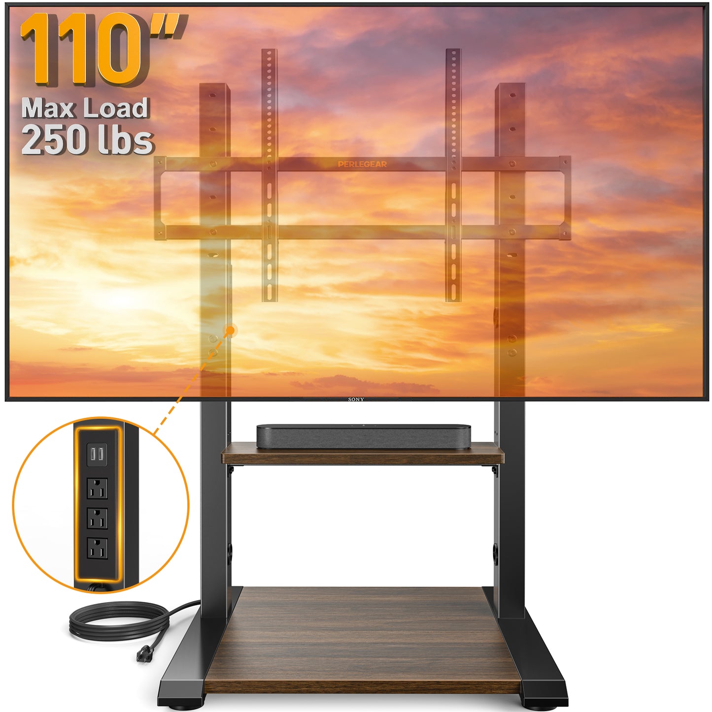 Perlegear Floor TV Stand for 50–110″ TVs with Power Strip, Holds Up to 250 lbs, Universal Standing TV Mount with Adjustable Shelf & Feet, Max VESA 800x600mm, Tall TV Stand for Living Room