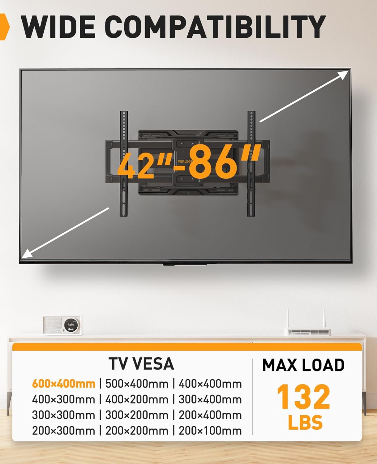 Perlegear UL Listed Full Motion TV Wall Mount for Most 42–86 inch Flat Curved TVs up to 132 lbs, PGLF12
