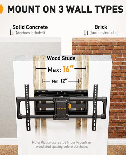 Perlegear UL Listed Full Motion TV Wall Mount for Most 42–86 inch Flat Curved TVs up to 132 lbs, PGLF12