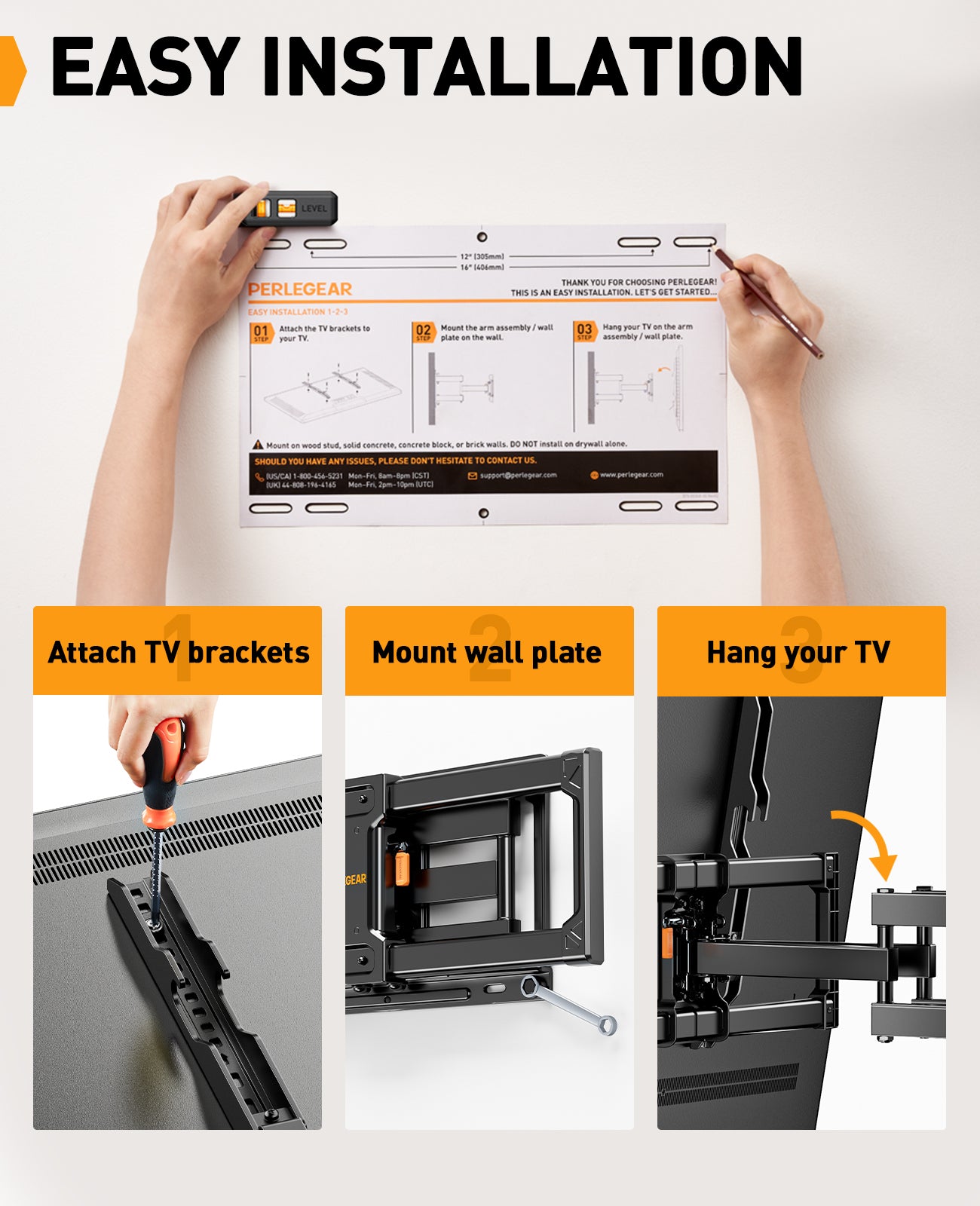 Perlegear UL Listed Full Motion TV Wall Mount for Most 42–86 inch Flat