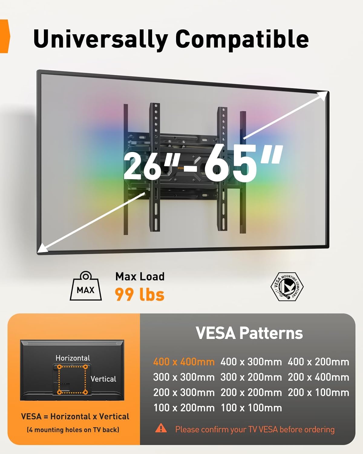 Pre-Assembled TV Wall Mount with LED Lights for 26-65 inch TVs