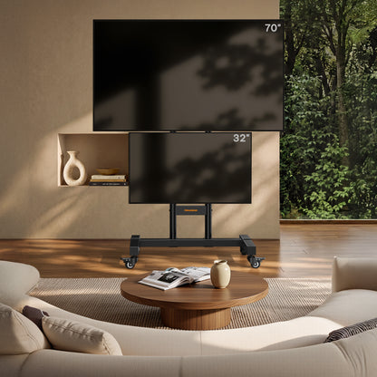 Heavy-Duty Dual-Screen TV Cart with Power Strip for Two 32"–70" TVs, 99 lbs Each | DS31