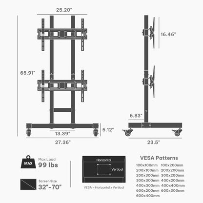Heavy-Duty Dual-Screen TV Cart with Power Strip for Two 32"–70" TVs, 99 lbs Each | DS31
