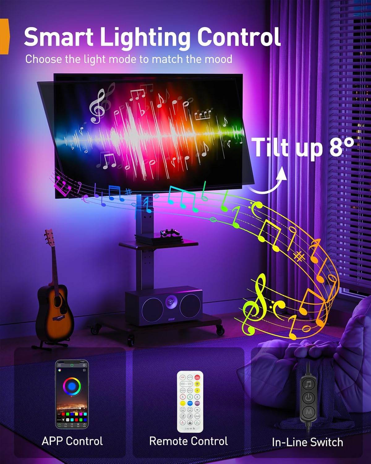 Floor TV Stand with LED Light for 32”-75" TVs, PGTVC32B