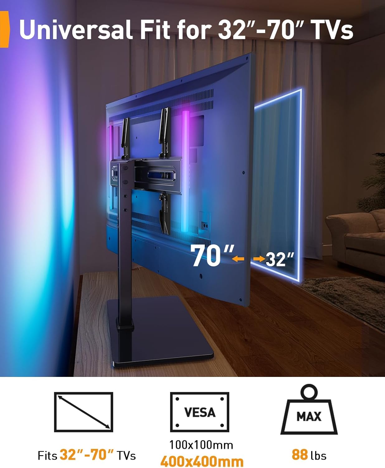 Universal Swivel TV Stand with LED Lights for 32–70 inch TVs