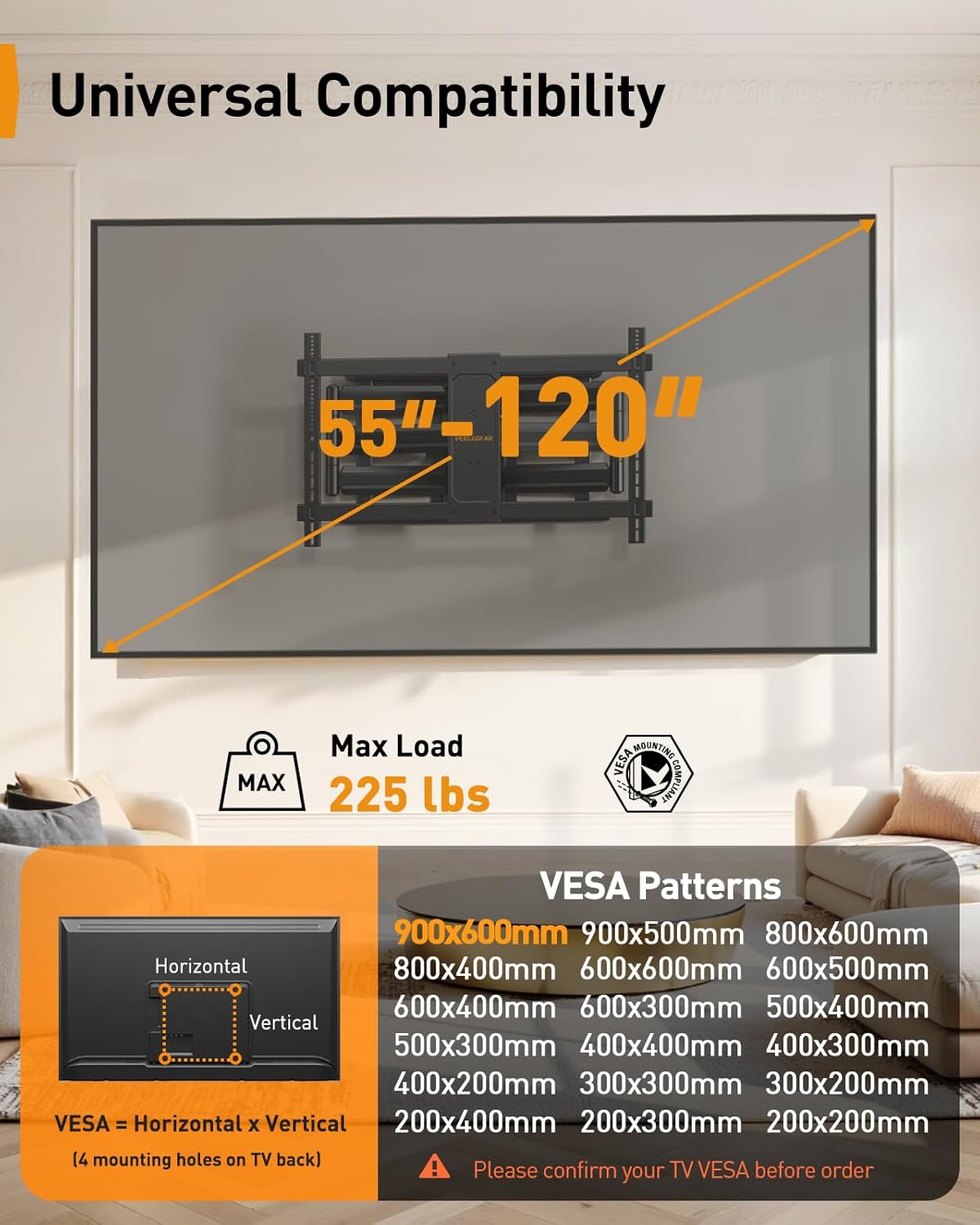 Perlegear TV Wall Mount for 55-120 Inch TVs, PGXLF03B-US